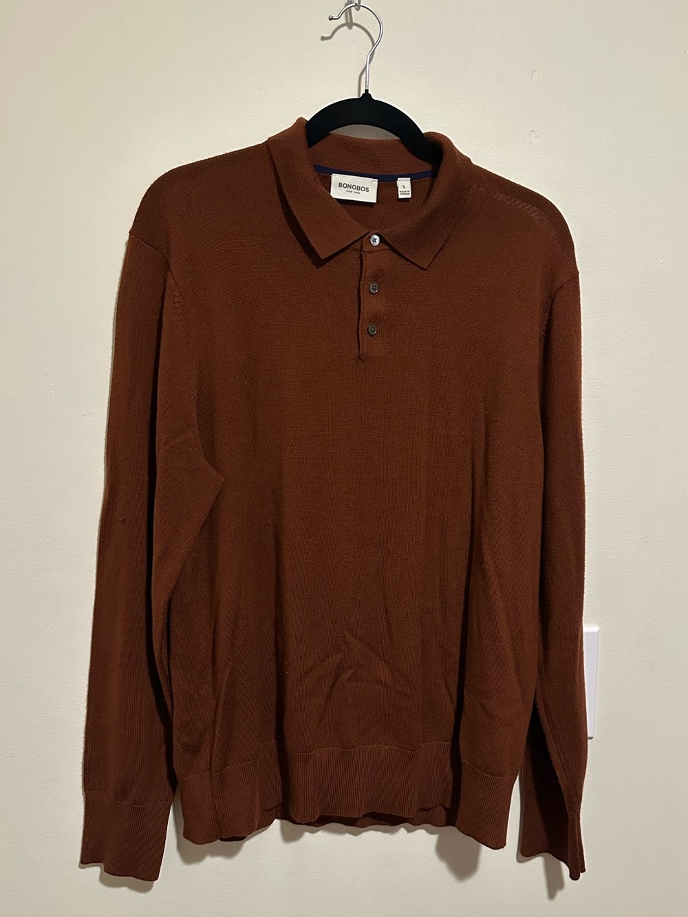 Bonobos Men's Long Sleeve Knit Polo in Chestnut Brown - 100% Merino Wool - L
